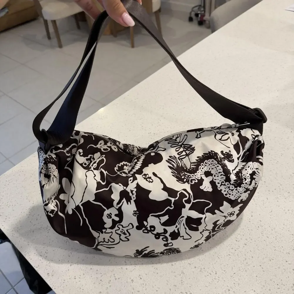 Cos Nylon Printed Padded Crossbody Shoulder Hobo Bag Brown Crescent Minimalist